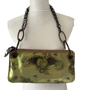 Bridget Schuster Y2K Dragon Print Rhinestone Heart Wing Clutch Bag Green Boho